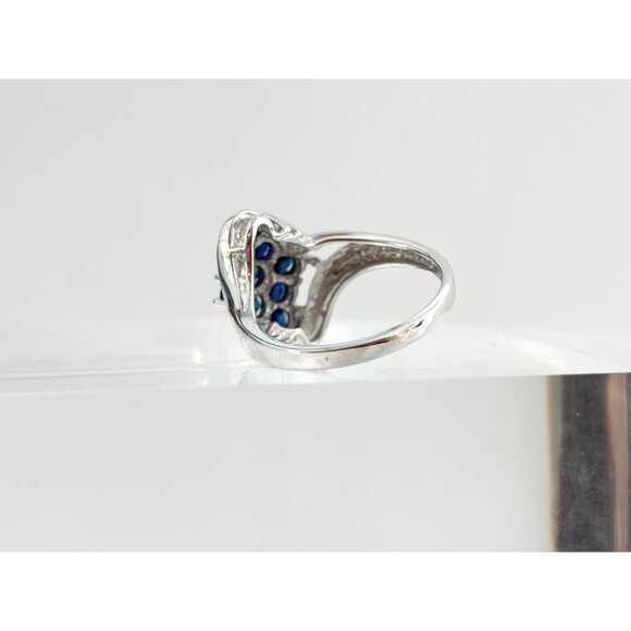 10k White Gold Blue Sapphire & White Diamond Vintage Gemstone Cocktail Ring sz 7 - Picture 5 of 10